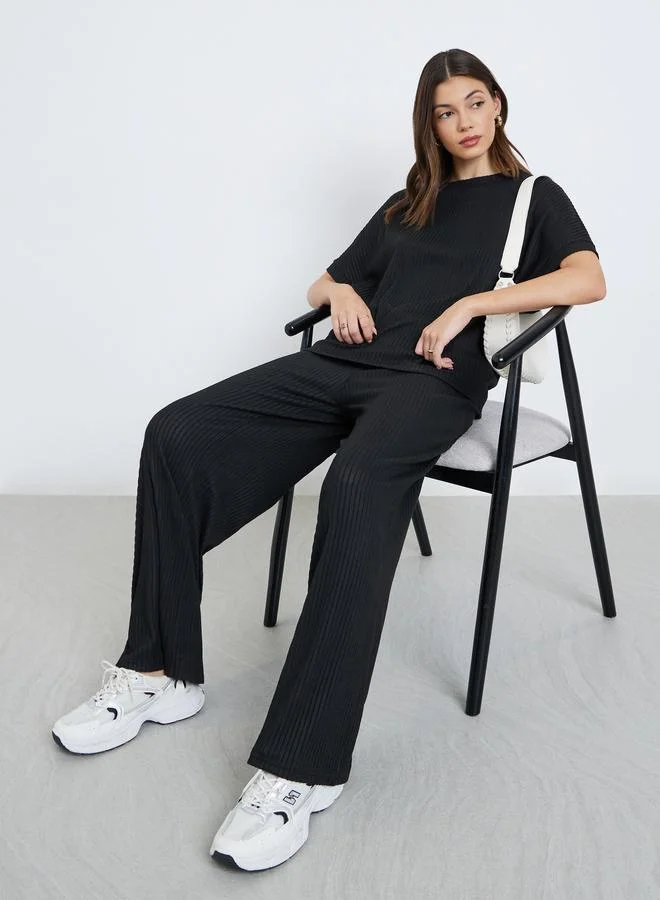 Styli Styli Black Oversized Ribbed T-Shirt and Pants Co-Ords