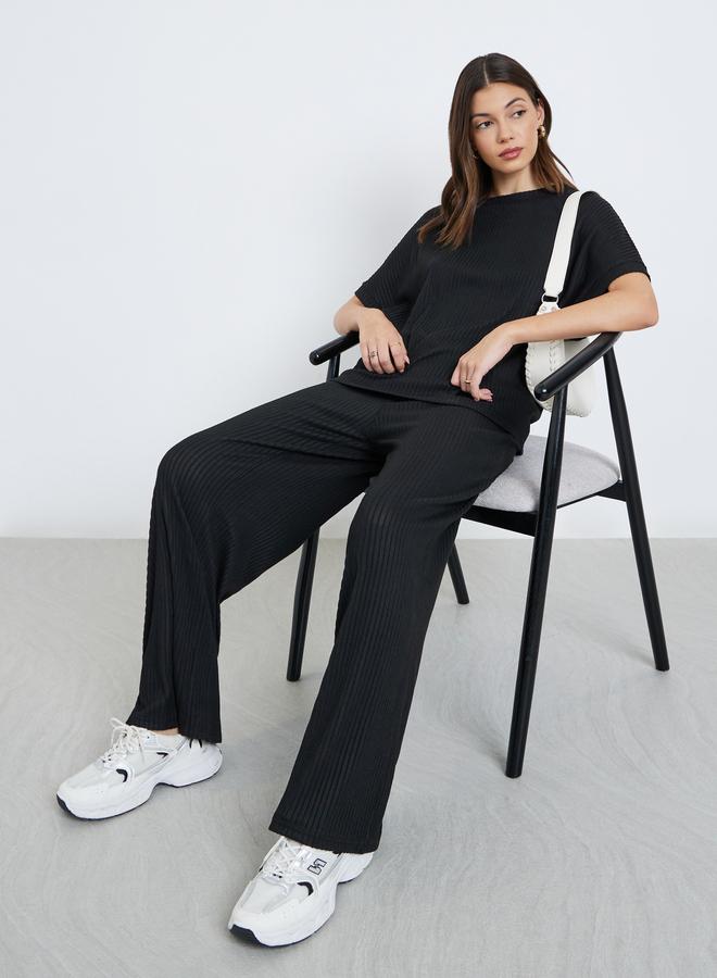 Styli Black Oversized Ribbed T-Shirt and Pants Co-Ords - Image 1