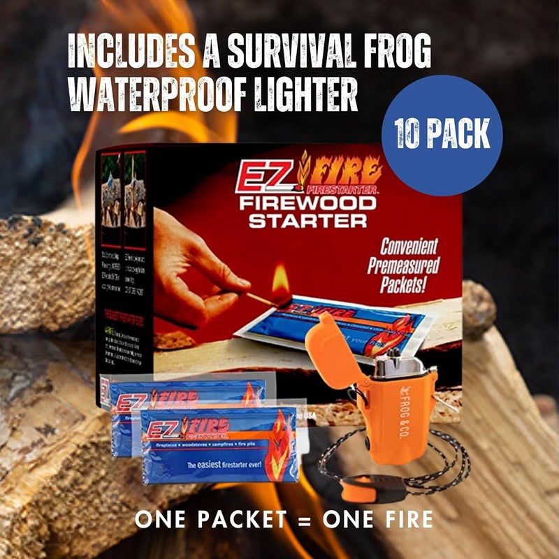 EZ FIRE FIRESTARTER – 10 عبوة من مشعل النار الطبيعي بالكامل للتخييم، مواقد النار، الشواء والمدافئ – حرق طويل، مقاوم للعوامل الجوية، غير سام + مجموعة ولاعة قابلة لإعادة الشحن من Survival Frog - Image 3