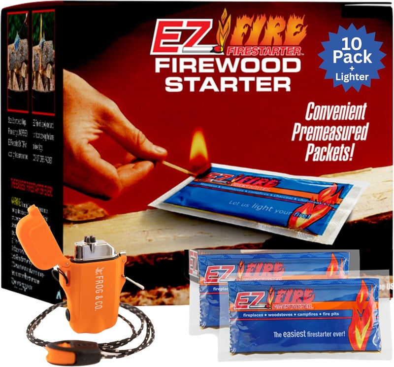 EZ FIRE FIRESTARTER – 10 عبوة من مشعل النار الطبيعي بالكامل للتخييم، مواقد النار، الشواء والمدافئ – حرق طويل، مقاوم للعوامل الجوية، غير سام + مجموعة ولاعة قابلة لإعادة الشحن من Survival Frog - Image 1