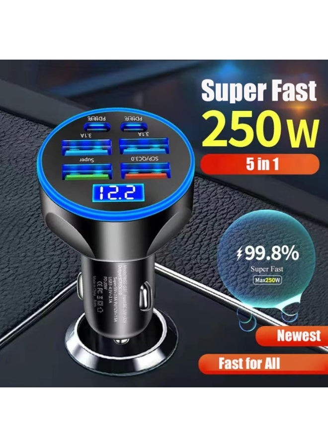 Super Fast Charge USB C Car Phone Charger Adapter 6 in 1 with Voltage Display 250W Multi Port Cigarette Lighter USB Charge for iPhone 16 15 14 13 12 11 Samsung Galaxy Huawei Oneplus Oppo Vivo - Image 4