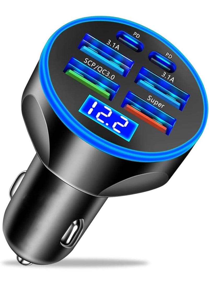 Super Fast Charge USB C Car Phone Charger Adapter 6 in 1 with Voltage Display 250W Multi Port Cigarette Lighter USB Charge for iPhone 16 15 14 13 12 11 Samsung Galaxy Huawei Oneplus Oppo Vivo - Image 1