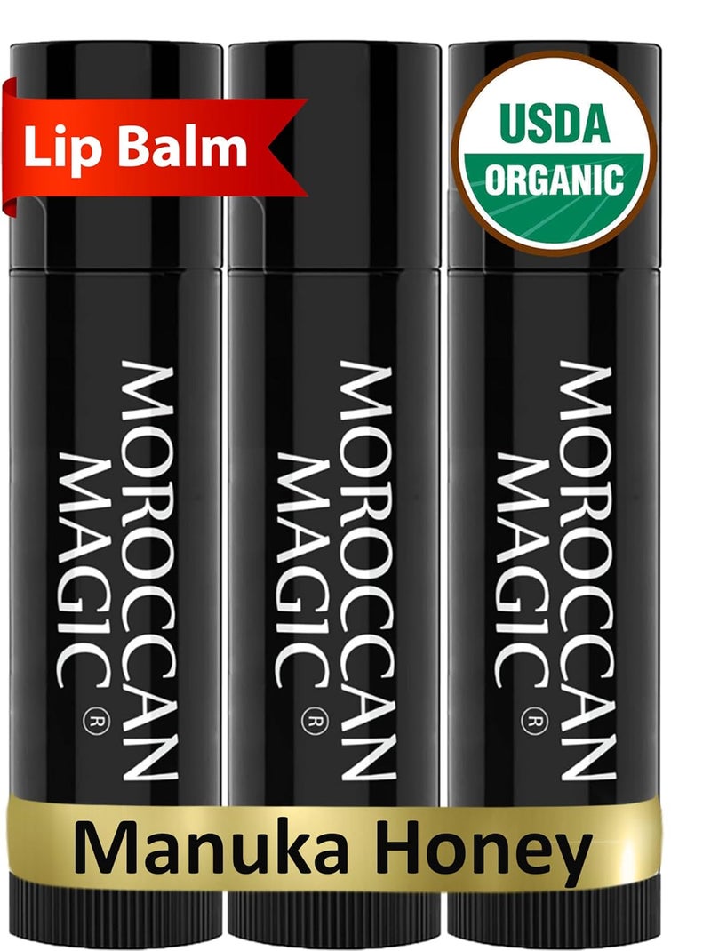 Moroccan Magic Organic Manuka Honey Lip Balm 3 Pack  Made with Natural Cold Pressed Argan and Essential Oils Lip Balm  Smooth Application