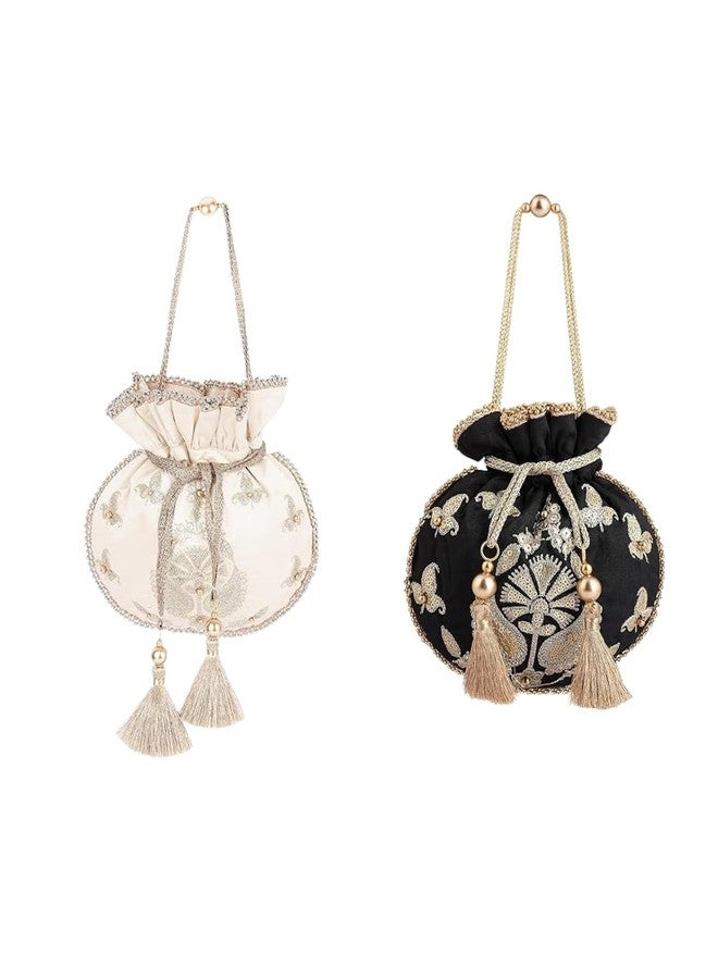 MASQ by Q-One Embroidered Silk Potli Bags - Handcrafted for Weddings, Festive Season & Special Occasions with Beads and Sequins - Made in India (Black,Gold Pack of 2) - Image 1