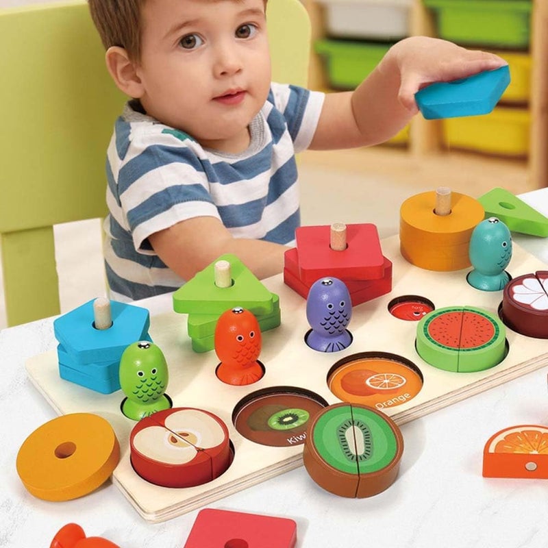 EDUTREE Montessori 3-in-1 Educational Wooden Toy - Magnetic Fishing, Shape Sorting, and Fruit Cutting, Enhancing Hand-Eye Coordination & Cognitive Skills for Kids Aged 3-5 - Image 2