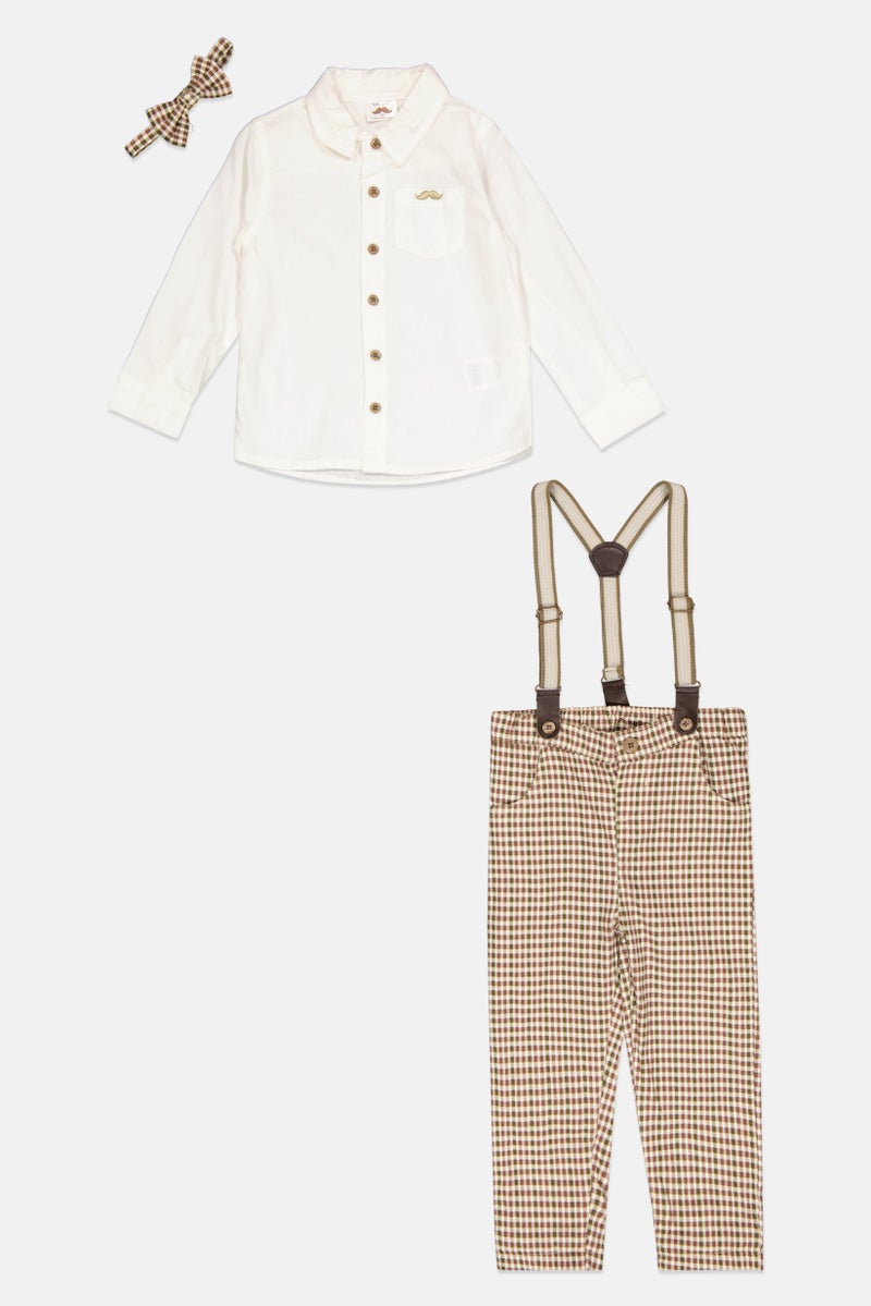 Little Gent Toddlers Boy 4 Pieces Checkered Pants, Shirt, Bow Tie And Detachable Suspender Belts, White - Image 1