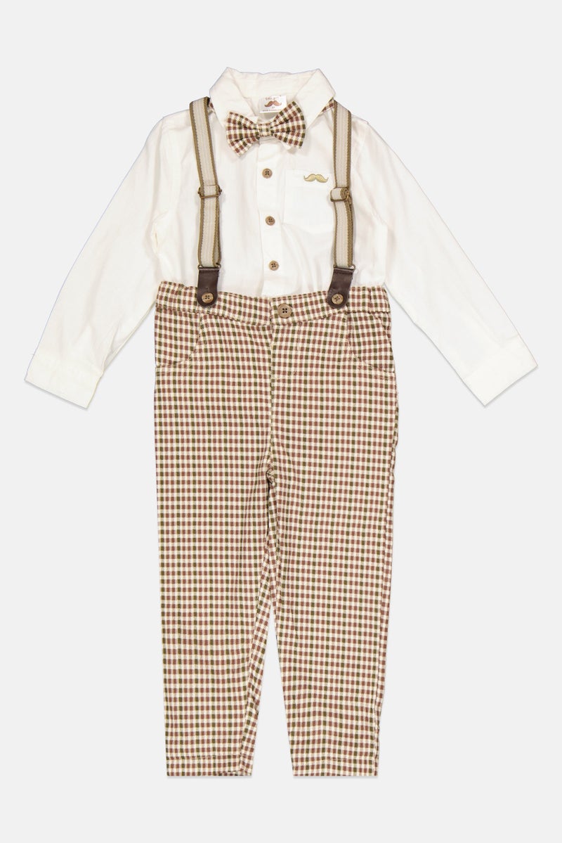 Little Gent Toddlers Boy 4 Pieces Checkered Pants, Shirt, Bow Tie And Detachable Suspender Belts, White - Image 3