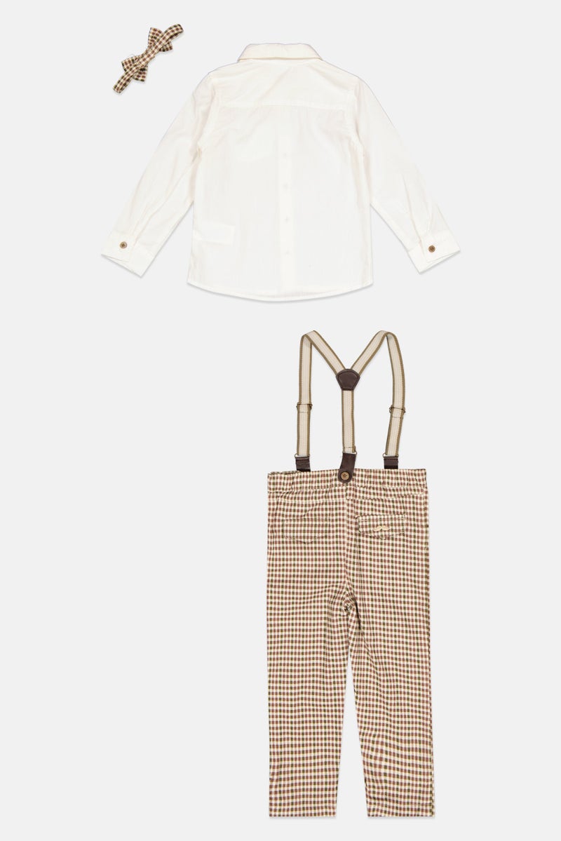 Little Gent Toddlers Boy 4 Pieces Checkered Pants, Shirt, Bow Tie And Detachable Suspender Belts, White - Image 2