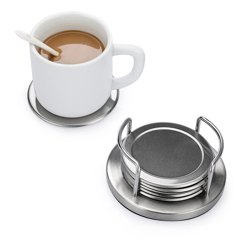 JUXYES Set of 6 Stainless Steel Round Coasters with Holder & Sponge Bottom, Silver Metal Cup Coasters Set Stunning Cool Coaster Cups Mats Decor for Restaurant Kitchen bar Dining Table - Image 3