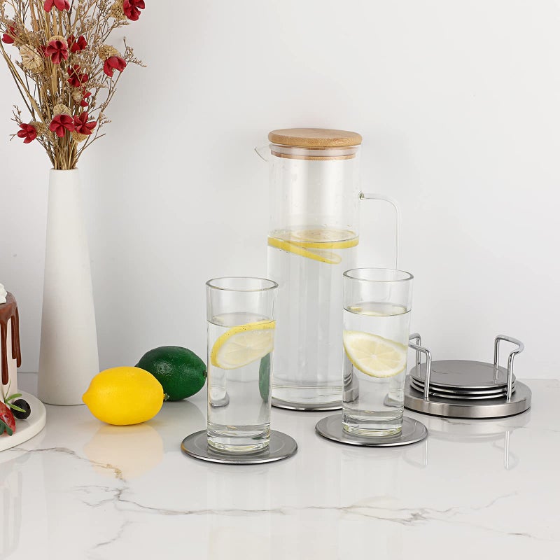 JUXYES Set of 6 Stainless Steel Round Coasters with Holder & Sponge Bottom, Silver Metal Cup Coasters Set Stunning Cool Coaster Cups Mats Decor for Restaurant Kitchen bar Dining Table - Image 5