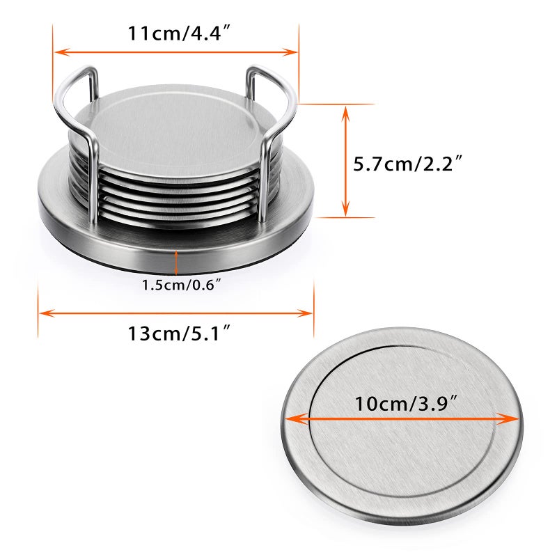 JUXYES Set of 6 Stainless Steel Round Coasters with Holder & Sponge Bottom, Silver Metal Cup Coasters Set Stunning Cool Coaster Cups Mats Decor for Restaurant Kitchen bar Dining Table - Image 2