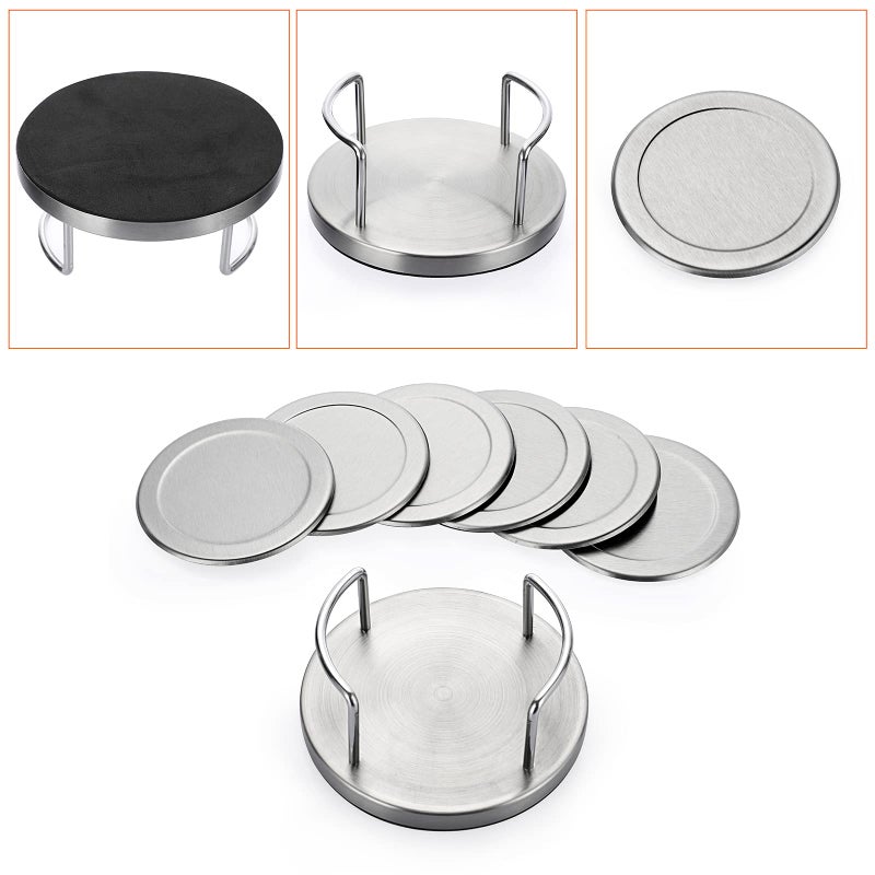 JUXYES Set of 6 Stainless Steel Round Coasters with Holder & Sponge Bottom, Silver Metal Cup Coasters Set Stunning Cool Coaster Cups Mats Decor for Restaurant Kitchen bar Dining Table - Image 4