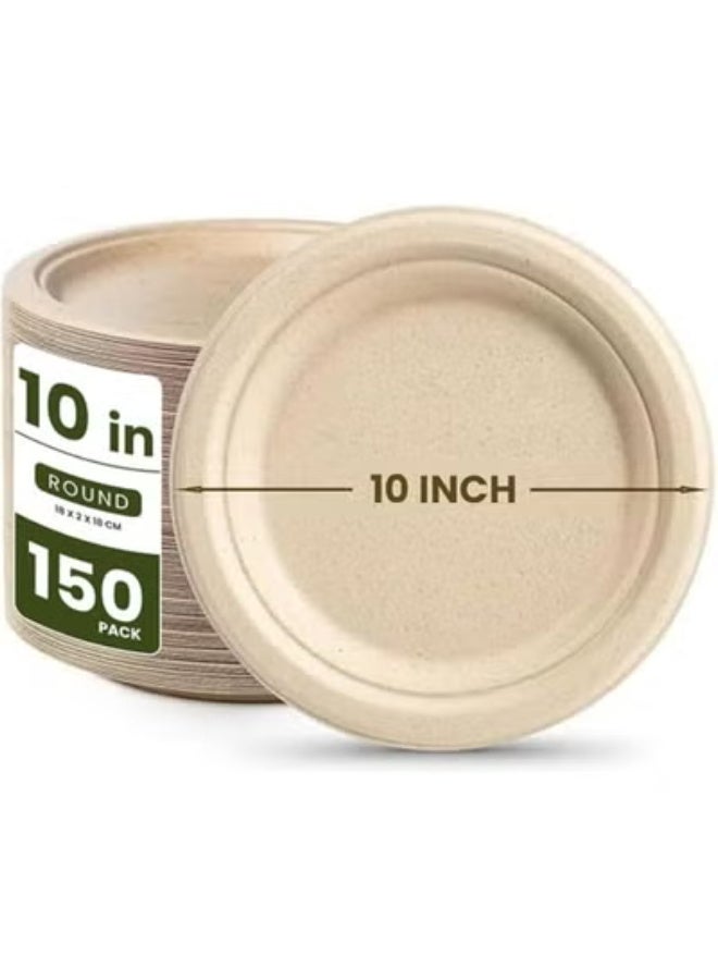 ايكواي ecoway 10-Inch 100% Compostable Disposable Round Bagasse Paper Plates - Biodegradable Sugarcane Fiber - Strong Heavy Duty Rigid Design - Sustainable & Food-Grade - Natural Brown Color, Pack of 150 - Image 1