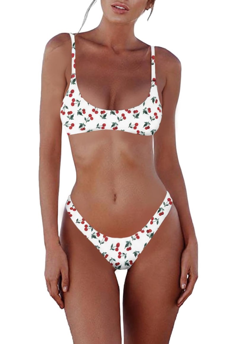 SherryDC Women's Solid Scoop Neck Push Up Padded Brazilian Thong Bikini Swimsuit Cherry - Image 1