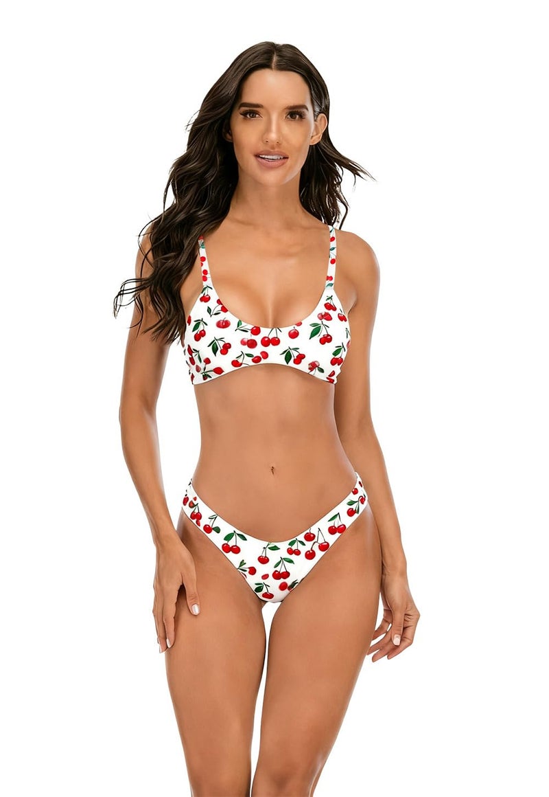 SherryDC Women's Solid Scoop Neck Push Up Padded Brazilian Thong Bikini Swimsuit Cherry - Image 2