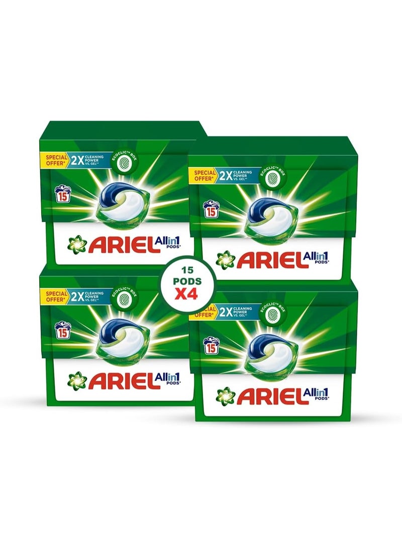 Ariel Original All-in-1 Pods, 15 Count Laundry Detergent Pods. Cleans, Lifts Stains and Brightens (Pack of 4), 60 pods - Image 1