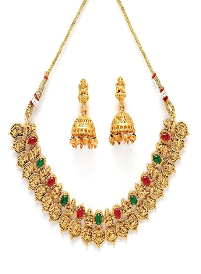 Karatcart Gold Plated Red & Green Stones Classic Laxmi Mata Temple Jewellery Set for Women - Image 1