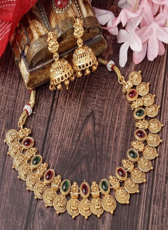 Karatcart Gold Plated Red & Green Stones Classic Laxmi Mata Temple Jewellery Set for Women - Image 4