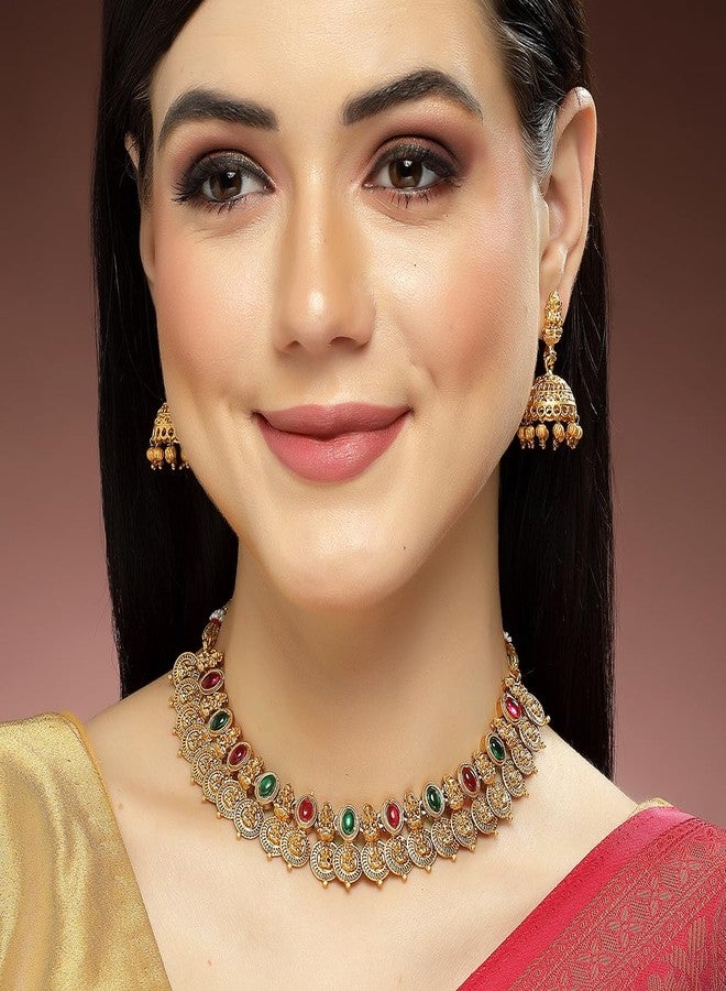 Karatcart Gold Plated Red & Green Stones Classic Laxmi Mata Temple Jewellery Set for Women - Image 2