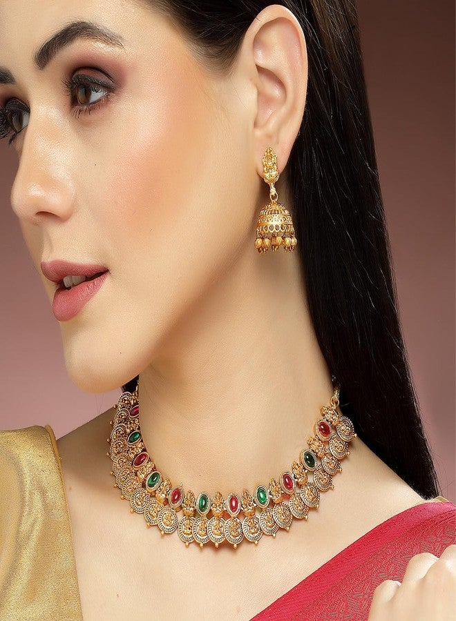 Karatcart Gold Plated Red & Green Stones Classic Laxmi Mata Temple Jewellery Set for Women - Image 3