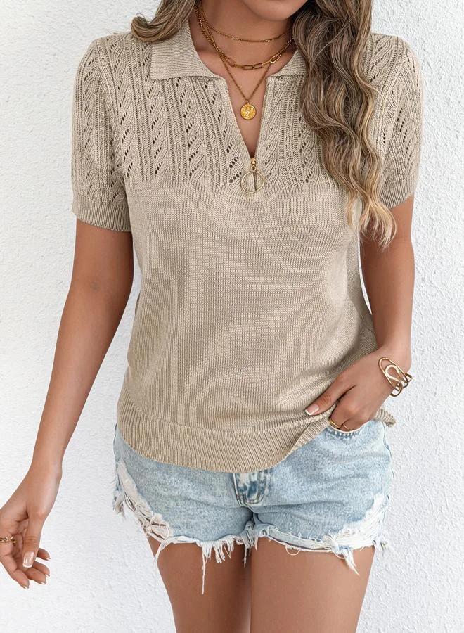 Take Two Beige Short Sleeve Knit Polo Top