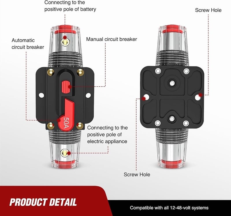 KASTWAVE 50A Resettable Inline Circuit Breaker Fuse, 12-24V DC Manual Reset Fuse Holder, 3-15 AWG Inline Fuse Holder for Car Audio, Sound Amplifier System, RV Marine, Boat, Truck, Solar Inverter - Image 3