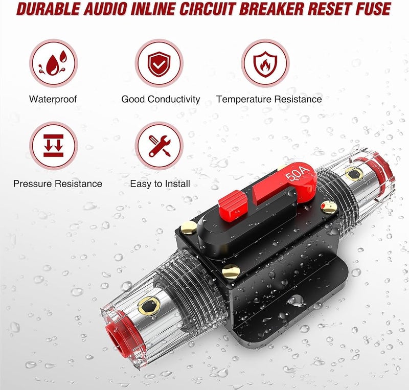 KASTWAVE 50A Resettable Inline Circuit Breaker Fuse, 12-24V DC Manual Reset Fuse Holder, 3-15 AWG Inline Fuse Holder for Car Audio, Sound Amplifier System, RV Marine, Boat, Truck, Solar Inverter - Image 5