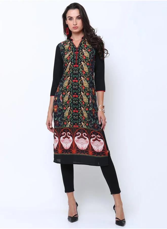 Vishudh Women Navy Blue & Black Printed Straight Kurta by Styli
