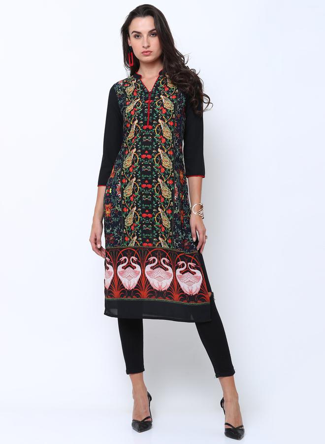 Vishudh Women Navy Blue & Black Printed Straight Kurta - Image 1