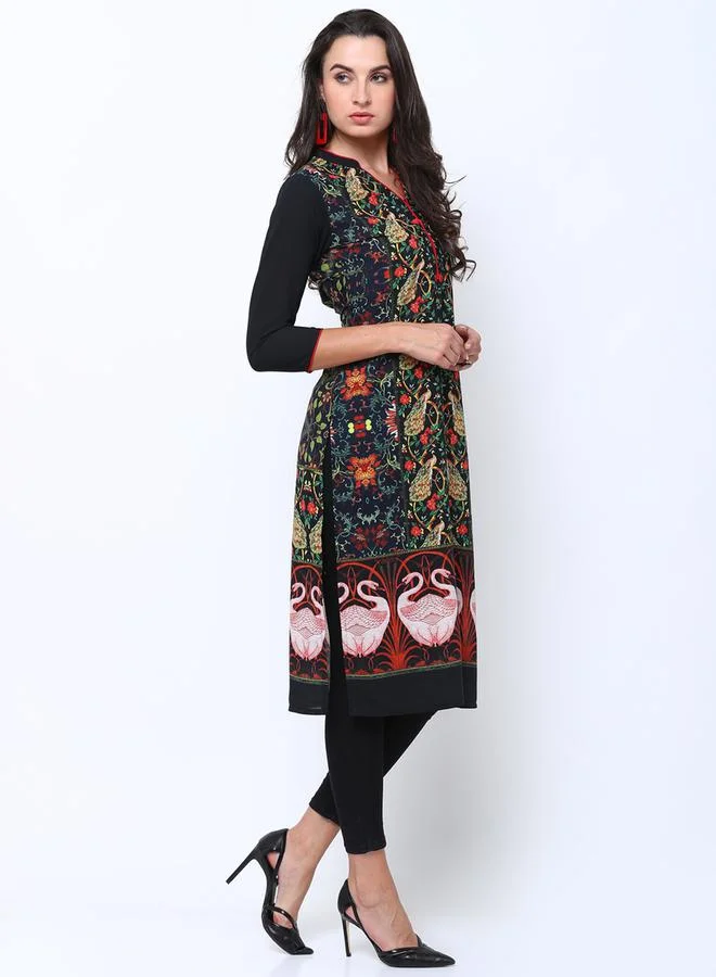 Vishudh Women Navy Blue & Black Printed Straight Kurta by Styli