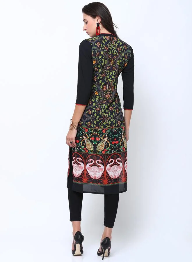 Vishudh Women Navy Blue & Black Printed Straight Kurta by Styli
