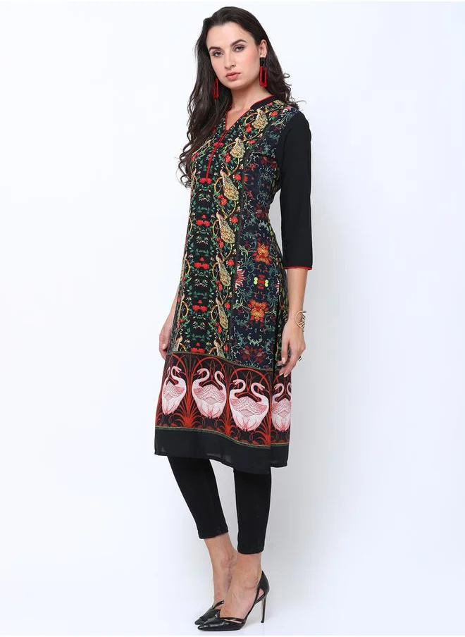 Vishudh Women Navy Blue & Black Printed Straight Kurta by Styli