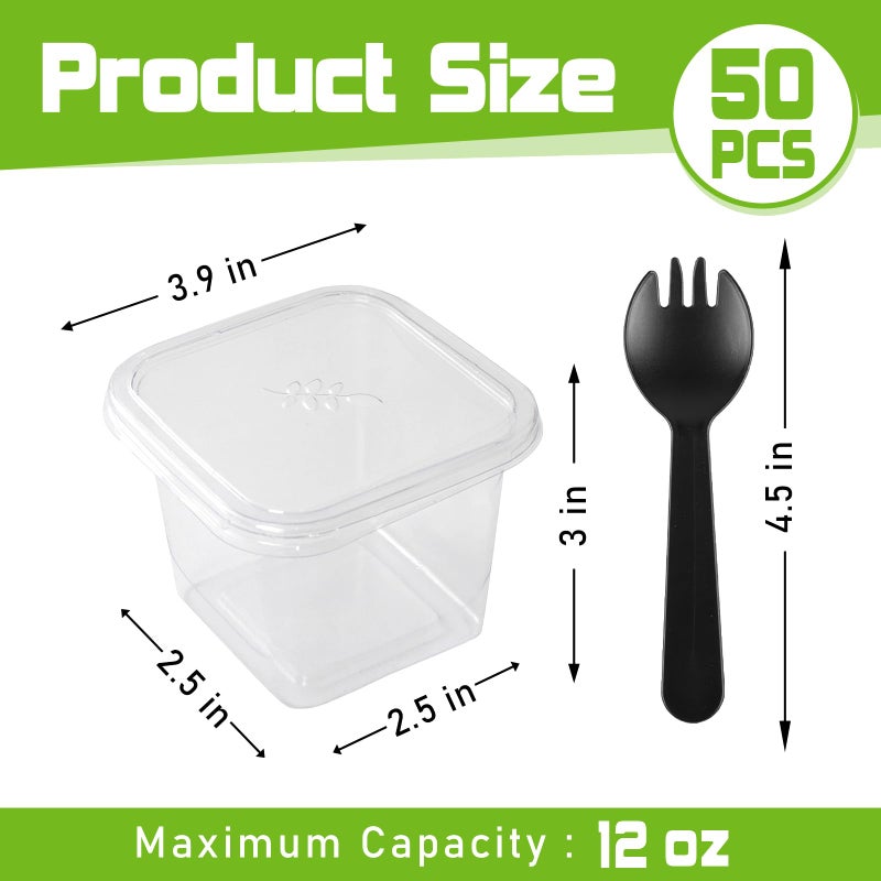 Slomg 100 Pack 12 oz Plastic Dessert Cups with Lids and Forks, Disposable Cupcake Tiramisu Containers Ice Cream Bowls for Yogurt Trifle Candy, Clear Square Parfait Fruit Cups for Appetizer Snack Salad - Image 2