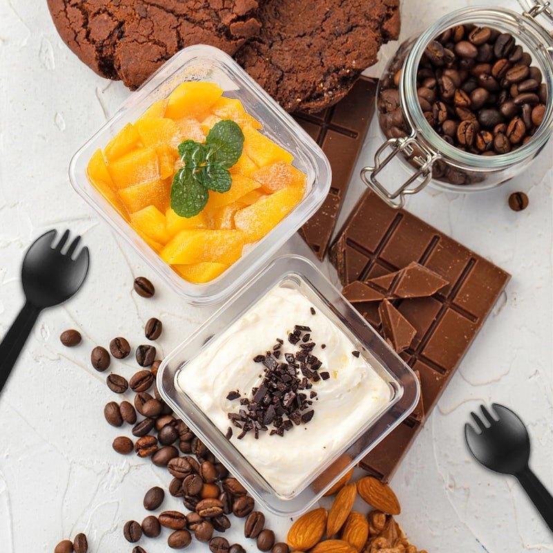 Slomg 100 Pack 12 oz Plastic Dessert Cups with Lids and Forks, Disposable Cupcake Tiramisu Containers Ice Cream Bowls for Yogurt Trifle Candy, Clear Square Parfait Fruit Cups for Appetizer Snack Salad - Image 5