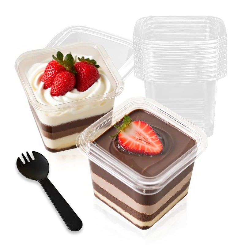 Slomg 100 Pack 12 oz Plastic Dessert Cups with Lids and Forks, Disposable Cupcake Tiramisu Containers Ice Cream Bowls for Yogurt Trifle Candy, Clear Square Parfait Fruit Cups for Appetizer Snack Salad - Image 1