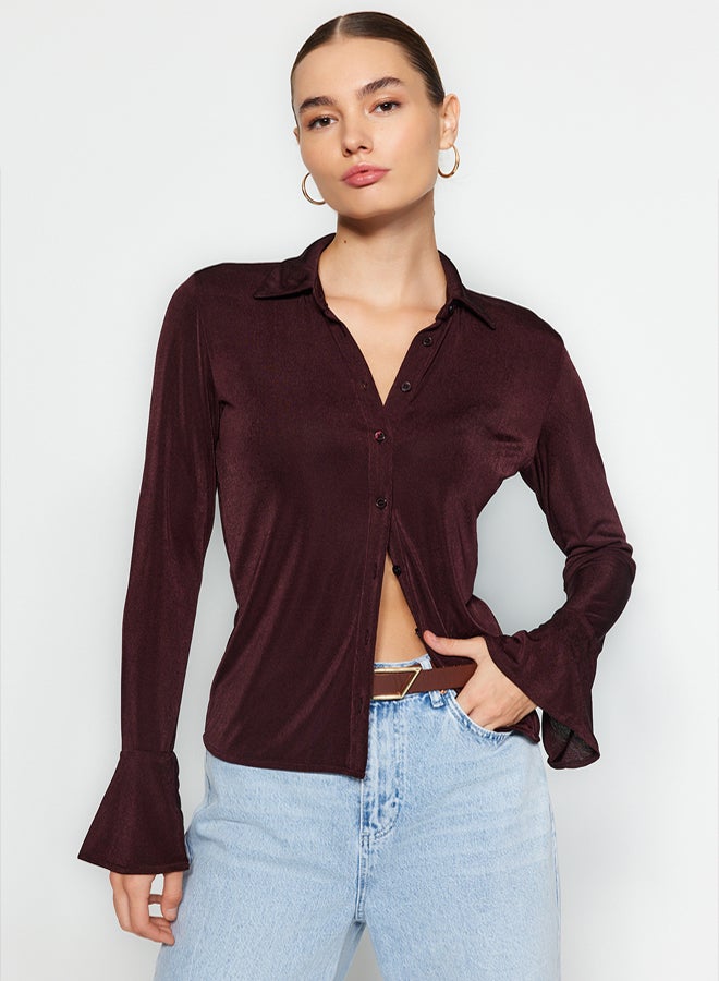 trendyol Premium Shiny Surface and Soft Textured Polo Collar Button-Up Knitted Shirt TWOAW24GO00194 - Image 3