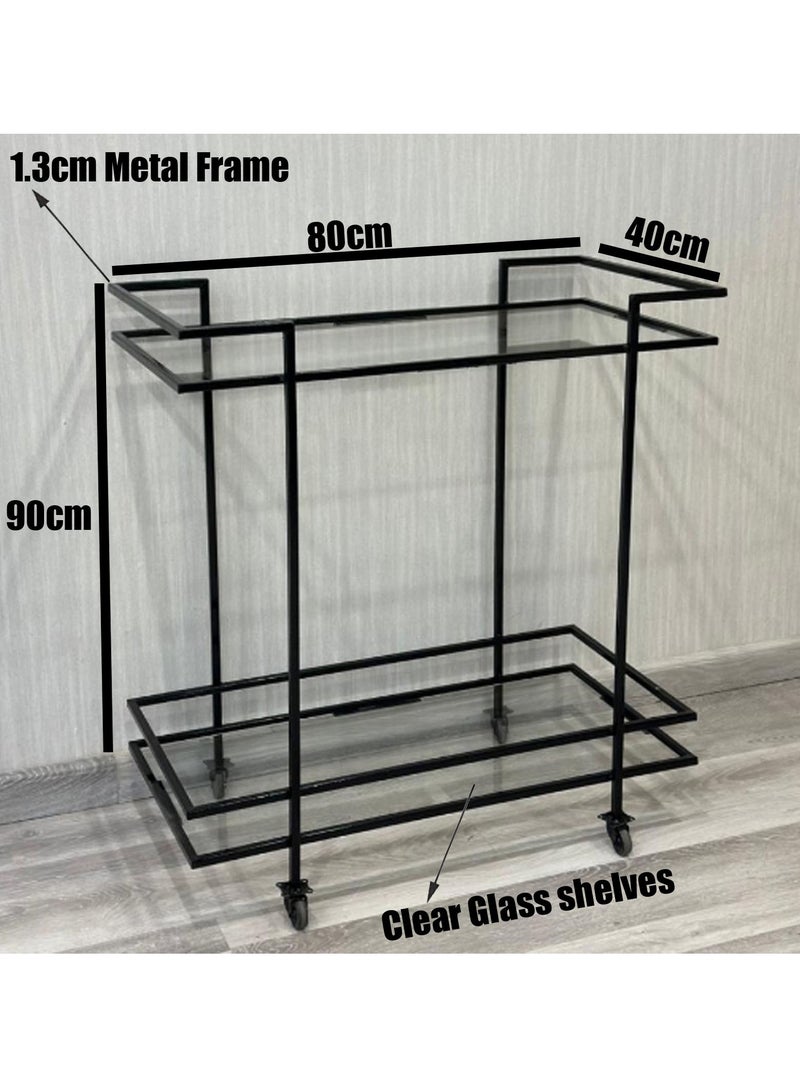 HOME TASTE Stylish Metal Bar Cart with 2 Clear Glass Shelves – Lockable Wheels & Sturdy Frame, Perfect Serving Trolley for Home & Kitchen (80x40x90 cm)  - Image 2