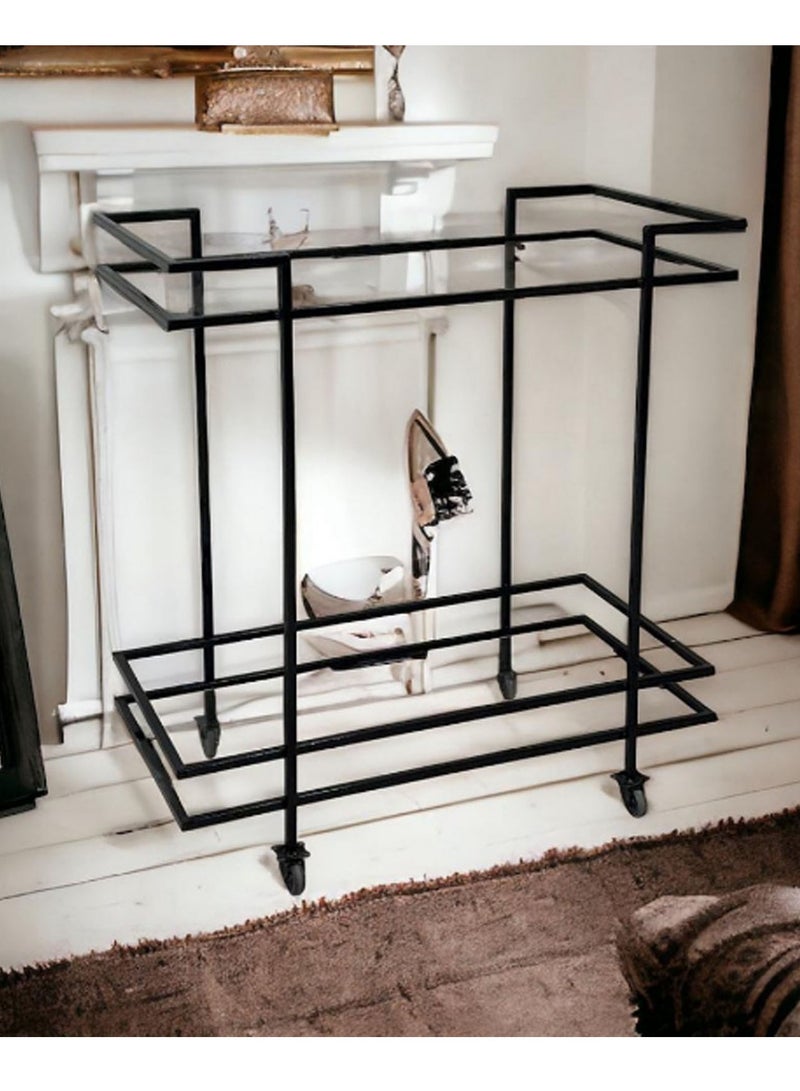 HOME TASTE Stylish Metal Bar Cart with 2 Clear Glass Shelves – Lockable Wheels & Sturdy Frame, Perfect Serving Trolley for Home & Kitchen (80x40x90 cm)  - Image 3