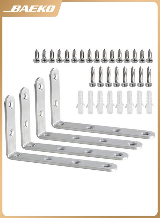 BAEKO Brackets,White Bracket for Shelves Heavy Duty L Wall Bracket Corner Brace,Stainless Steel Joint Angle Bracket for Wooden Board Hanging Support,5x3 Inch(Pack of 4) - Image 1
