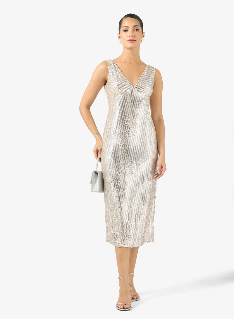 BCBG Sequined V-neck Midi Dress - Image 4