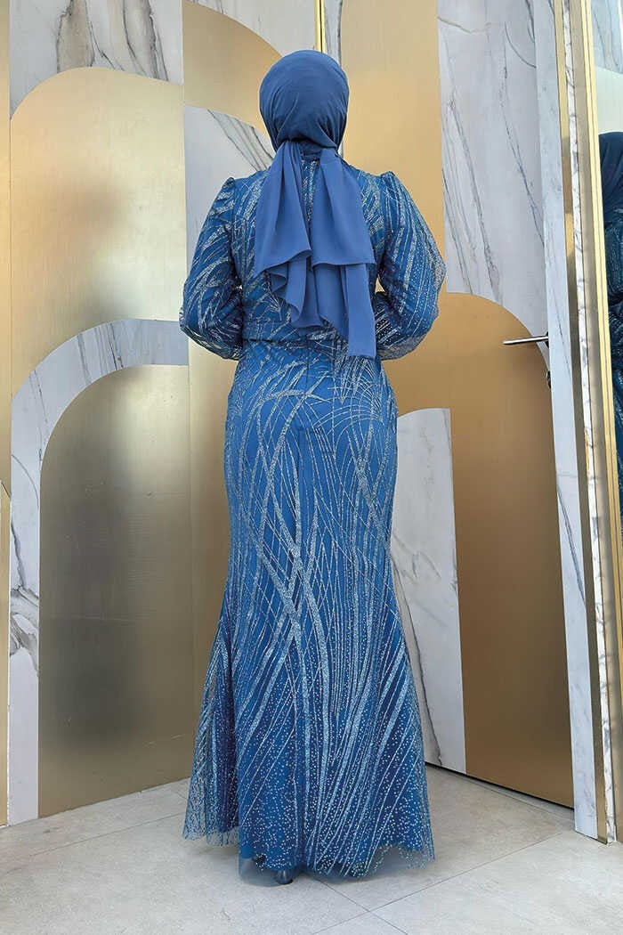 Bym Fashion Patterned Waist Belt Fish Evening Dress 1139 Indigo - Image 3