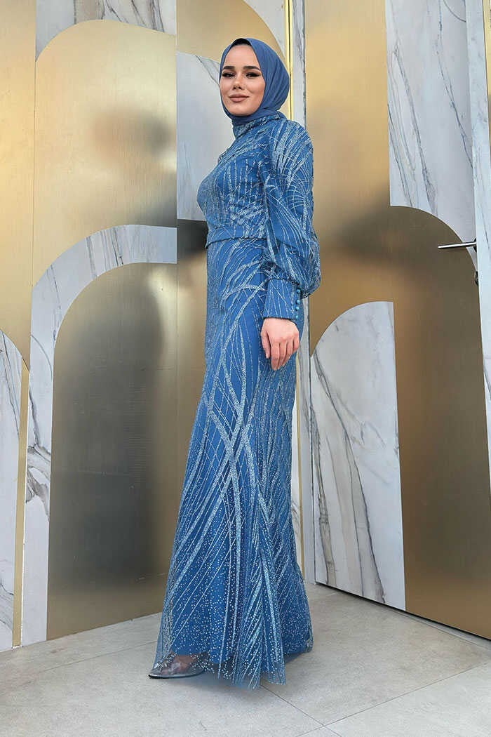 Bym Fashion Patterned Waist Belt Fish Evening Dress 1139 Indigo - Image 2