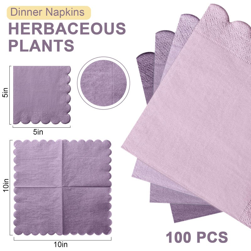 Zhanmai Zhanmai 100 Pack Cocktail Napkins 5 x 5 Inch Scalloped Napkins Beverage Gradient Color Paper with Scalloped Edges Thick Disposable Luncheon for Party Supplies (Purple) - Image 2