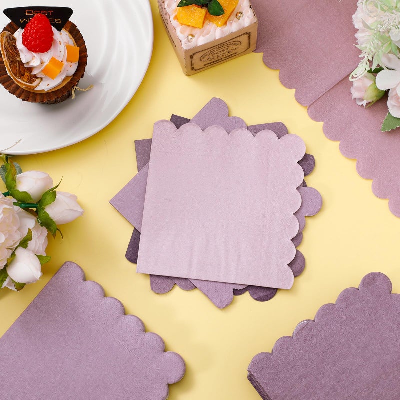 Zhanmai Zhanmai 100 Pack Cocktail Napkins 5 x 5 Inch Scalloped Napkins Beverage Gradient Color Paper with Scalloped Edges Thick Disposable Luncheon for Party Supplies (Purple) - Image 3