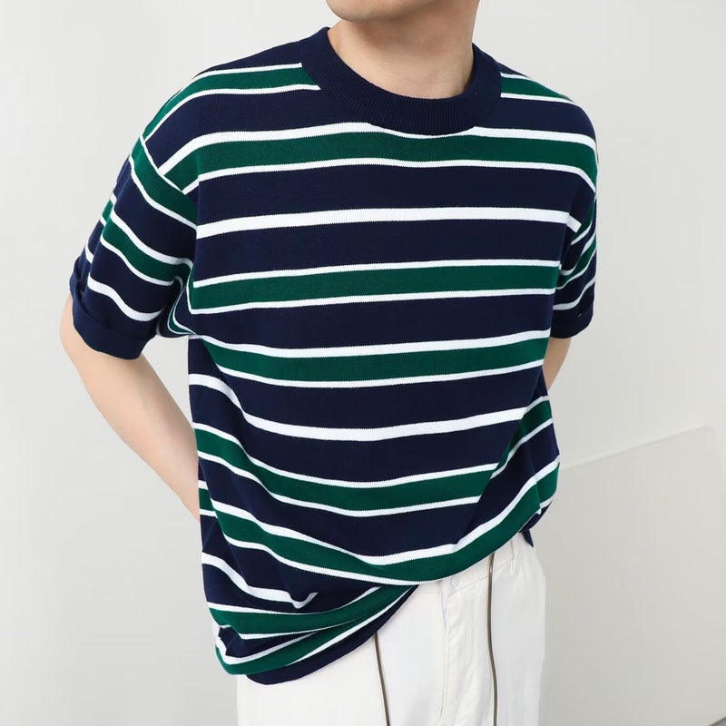 Factory Striped Sweater Men'S Fashion Joker Casual Short Sleeve T-Shirt Men'S Round Neck Half Sleeve T-Shirt Base Shirt - Image 2