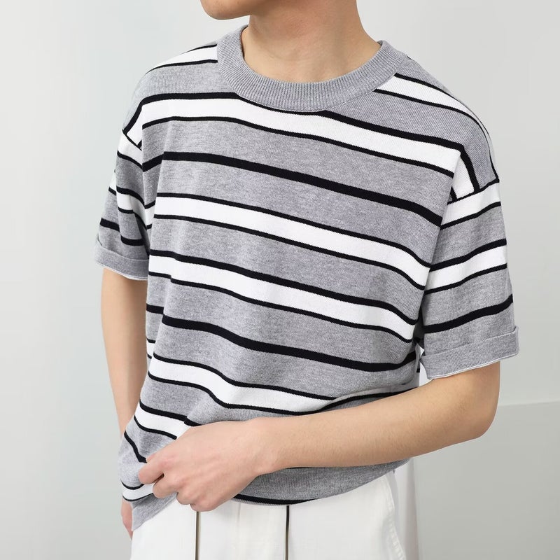 Factory Striped Sweater Men'S Fashion Joker Casual Short Sleeve T-Shirt Men'S Round Neck Half Sleeve T-Shirt Base Shirt - Image 4