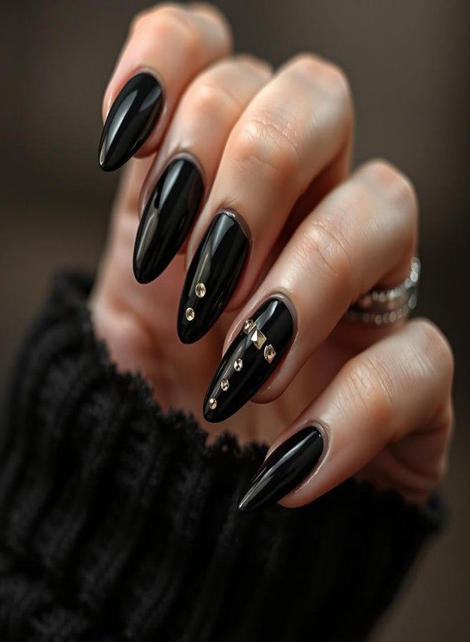FAVHOME 24 PCS Fake Artificial Nail Set with Self-Adhesive Stickers | Artificial Nails for Home Manicure, Parties, Weddings, and Quick Setting Press-On Nails with Designs (Black, Standard) - Image 1