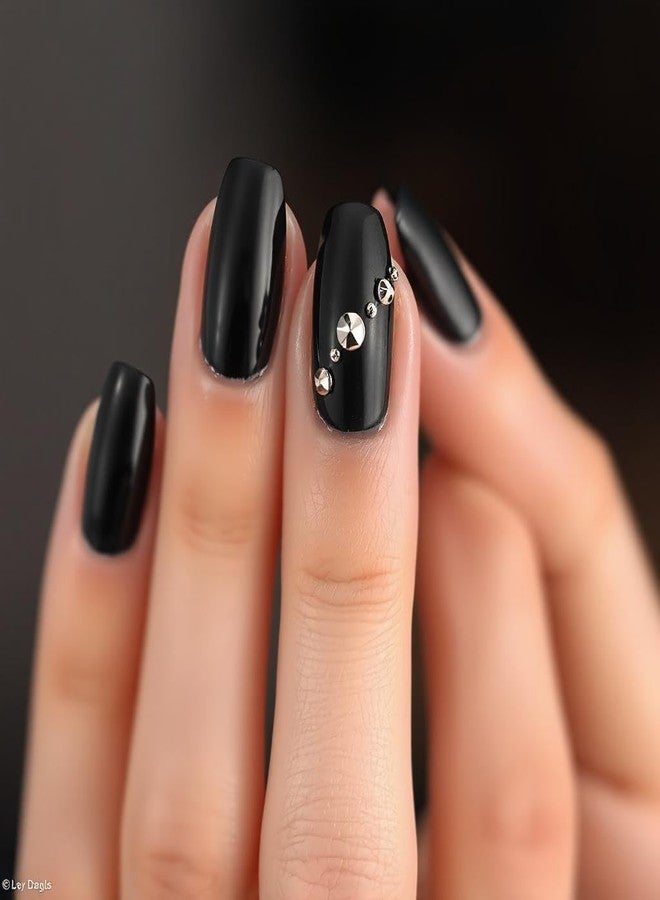 FAVHOME 24 PCS Fake Artificial Nail Set with Self-Adhesive Stickers | Artificial Nails for Home Manicure, Parties, Weddings, and Quick Setting Press-On Nails with Designs (Black, Standard) - Image 3