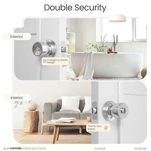 HOSOM Privacy Door Knob with Lock, Interior Door Knob for Bedroom and Bathroom, Keyless Doorknob with Round Ball, Satin Nickel Door Knob Lock, Interior Door Handle - Image 4