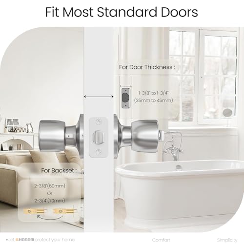 HOSOM Privacy Door Knob with Lock, Interior Door Knob for Bedroom and Bathroom, Keyless Doorknob with Round Ball, Satin Nickel Door Knob Lock, Interior Door Handle - Image 2